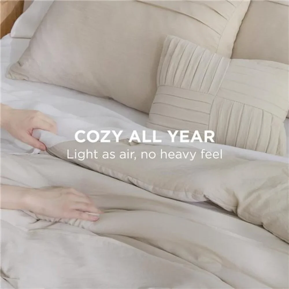 Queen Comforter Set - 4 Pieces Pinch Pleat Bed Set, Beige Boho Bedding